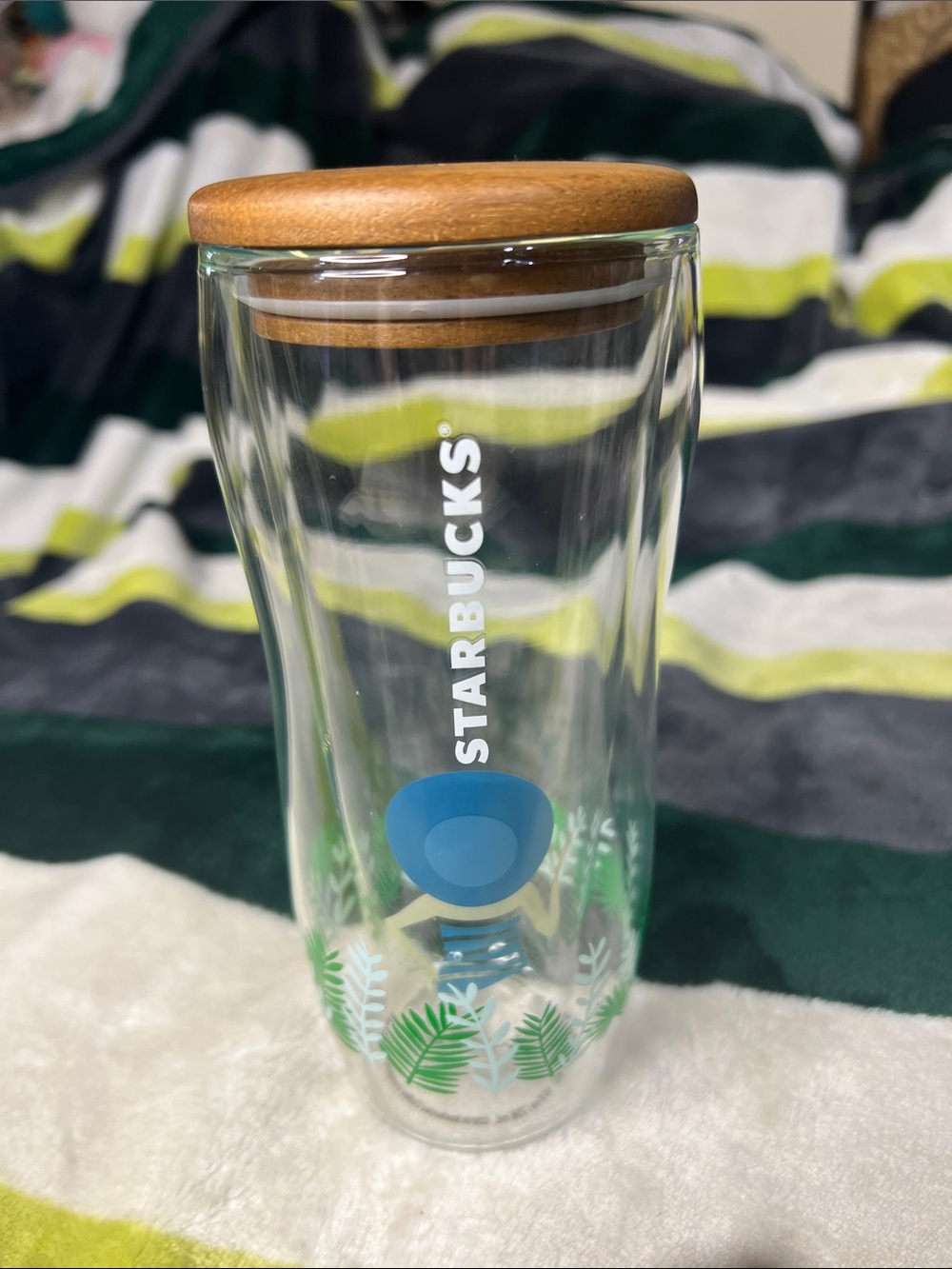 Starbucks Korea Summer Vacation Double Wall Glass Tumbler Cup Wood Lid 10oz Rare